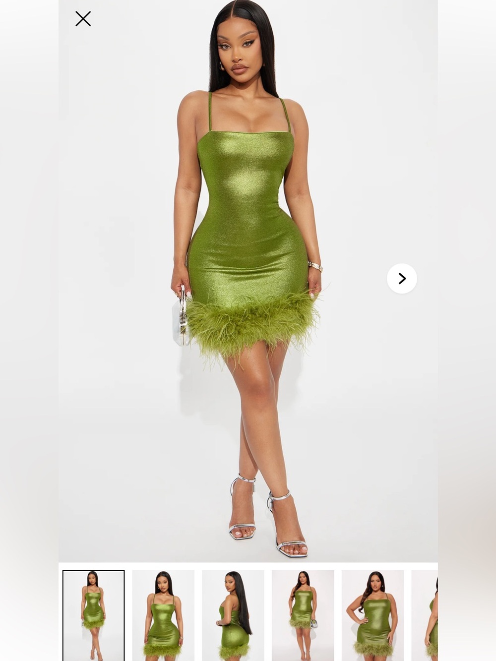 Fashion Nova Olive Metallic Feather Trim Mini Dress